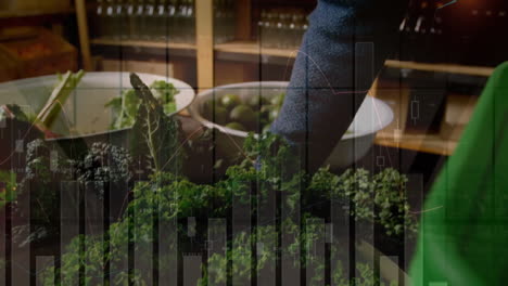 animación de procesamiento de datos financieros y hombre caucásico con compras en la tienda de comestibles