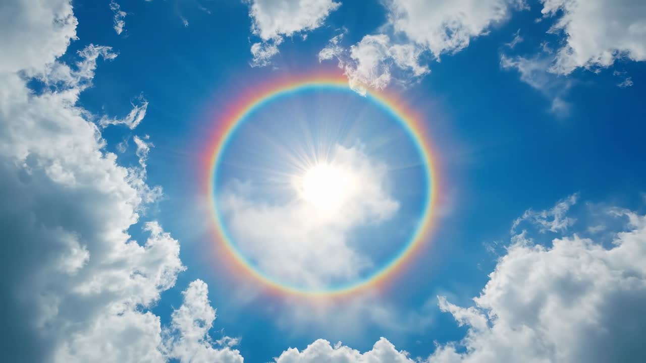 Aerial video view of a bright sun halo surrounded by clouds, capturing a celestial scene