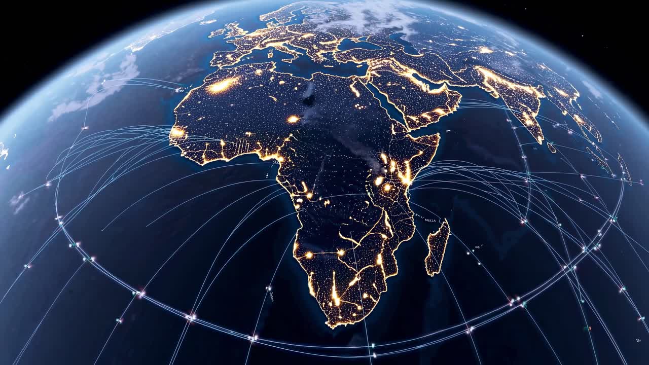 Aerial video view of Earth at night, showcasing glowing city lights and digital network lines