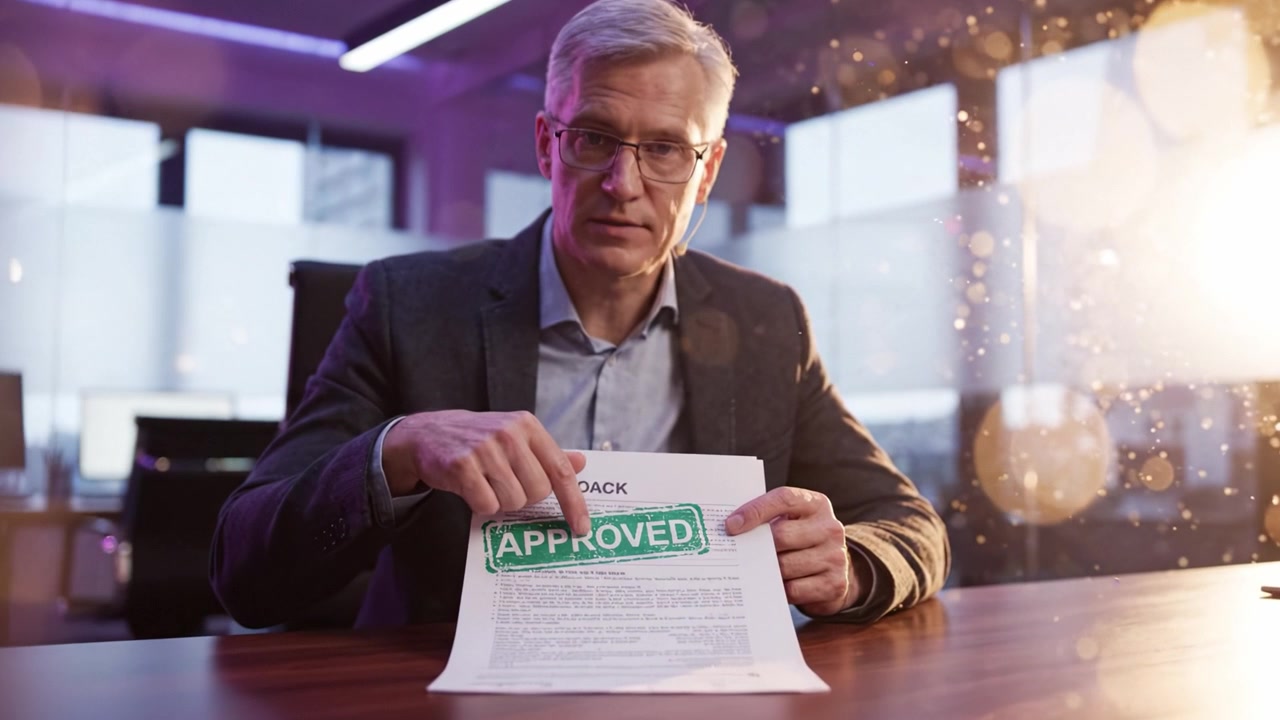 Businessman Examining Important Document with Approved Stamp in Contemporary Office Setting, Highlighting a Successful Project Approval Process
