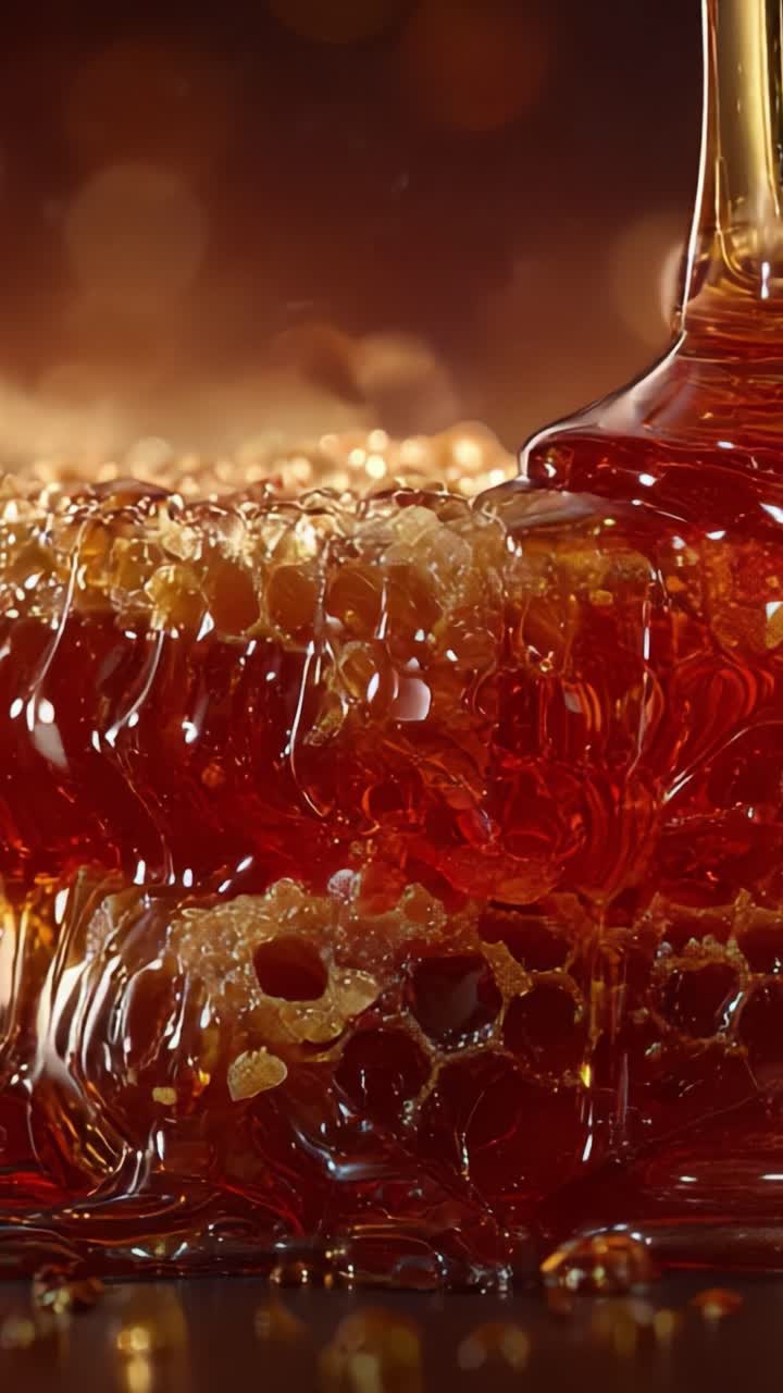 Primo Piano Accattivante di Splendido Miele che Cola dai Favi, Evidenziandone il Colore Ricco e le Complessità della Texture su uno Sfondo Sognante di Luce Scintillante