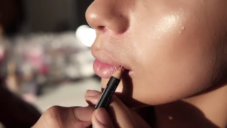 Cropped-View-Of-Makeup-Artist-Applying-Beige-Lip-Pencil-On-Model-Lips