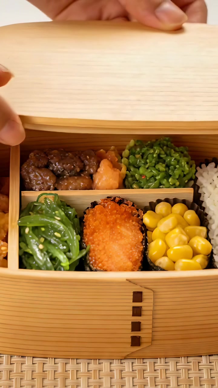 Vertikales Video: Hände greifen den Rand, heben einen hölzernen Bento-Deckel auf einer Tischunterlage an, zeigen und schließen dann die Box.