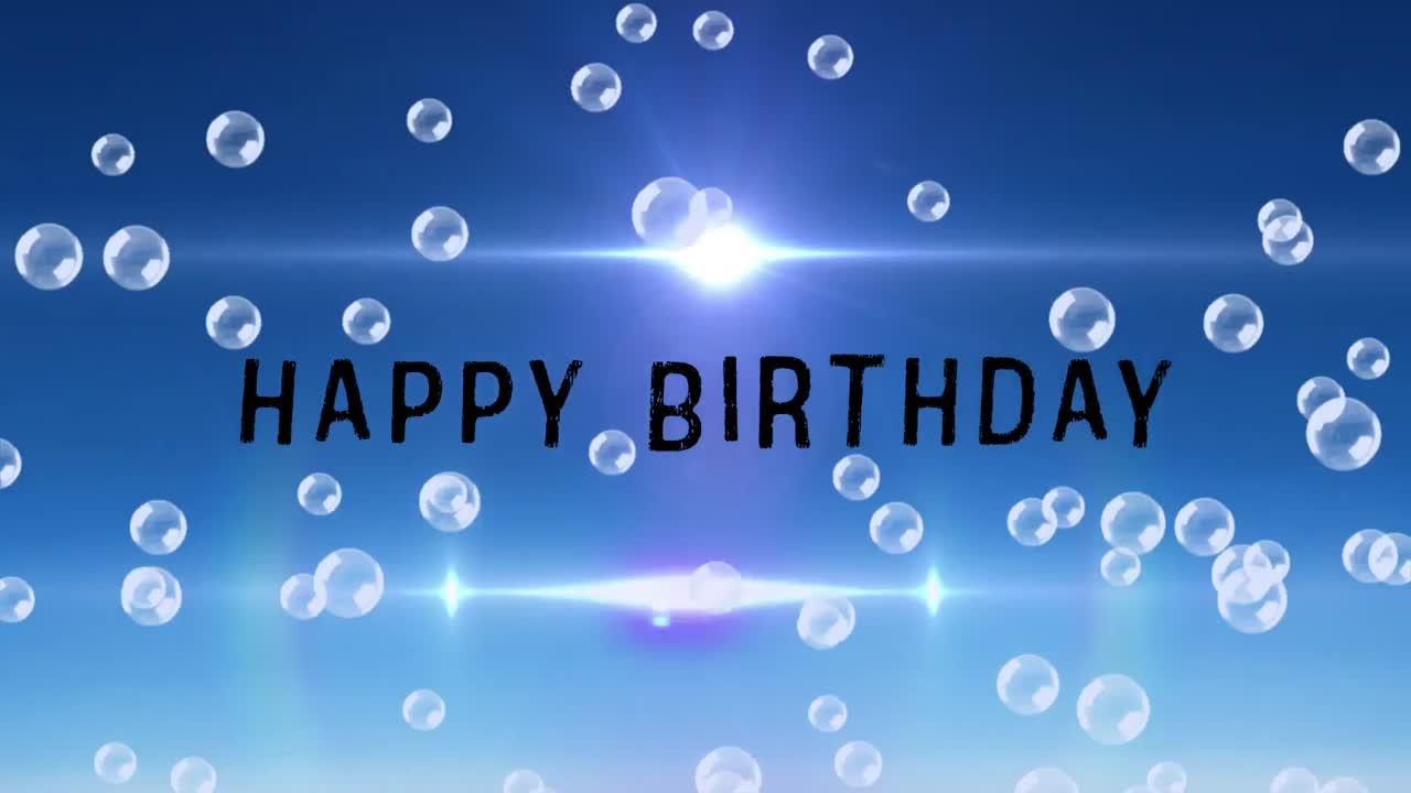 파란색 배경에 생일 축하 텍스트 위에 거품의 애니메이션