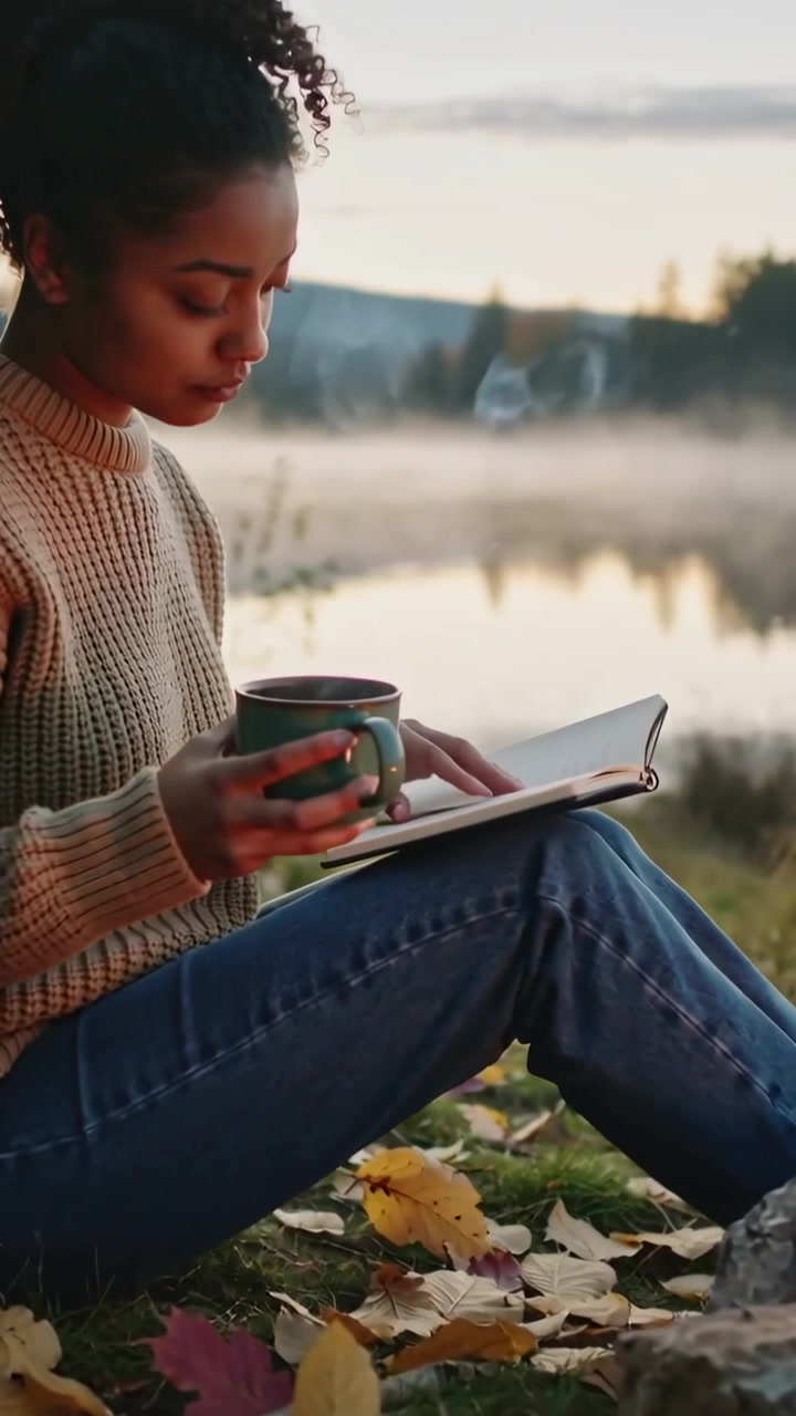 Vertical video: Lifting hot mug, woman in sweater jeans sipping, journaling at lakeshore campfire