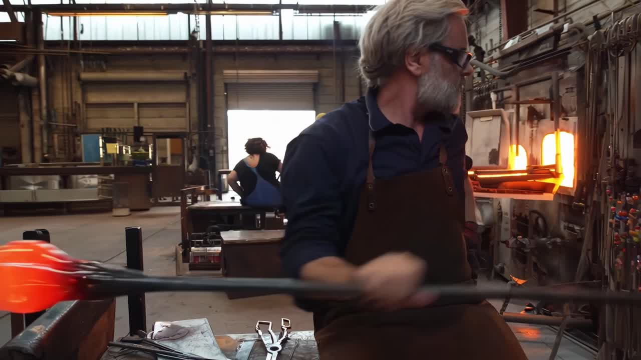 Video af håndværkere, der former glas på et værksted, filmet fra en dynamisk sidevinkel.