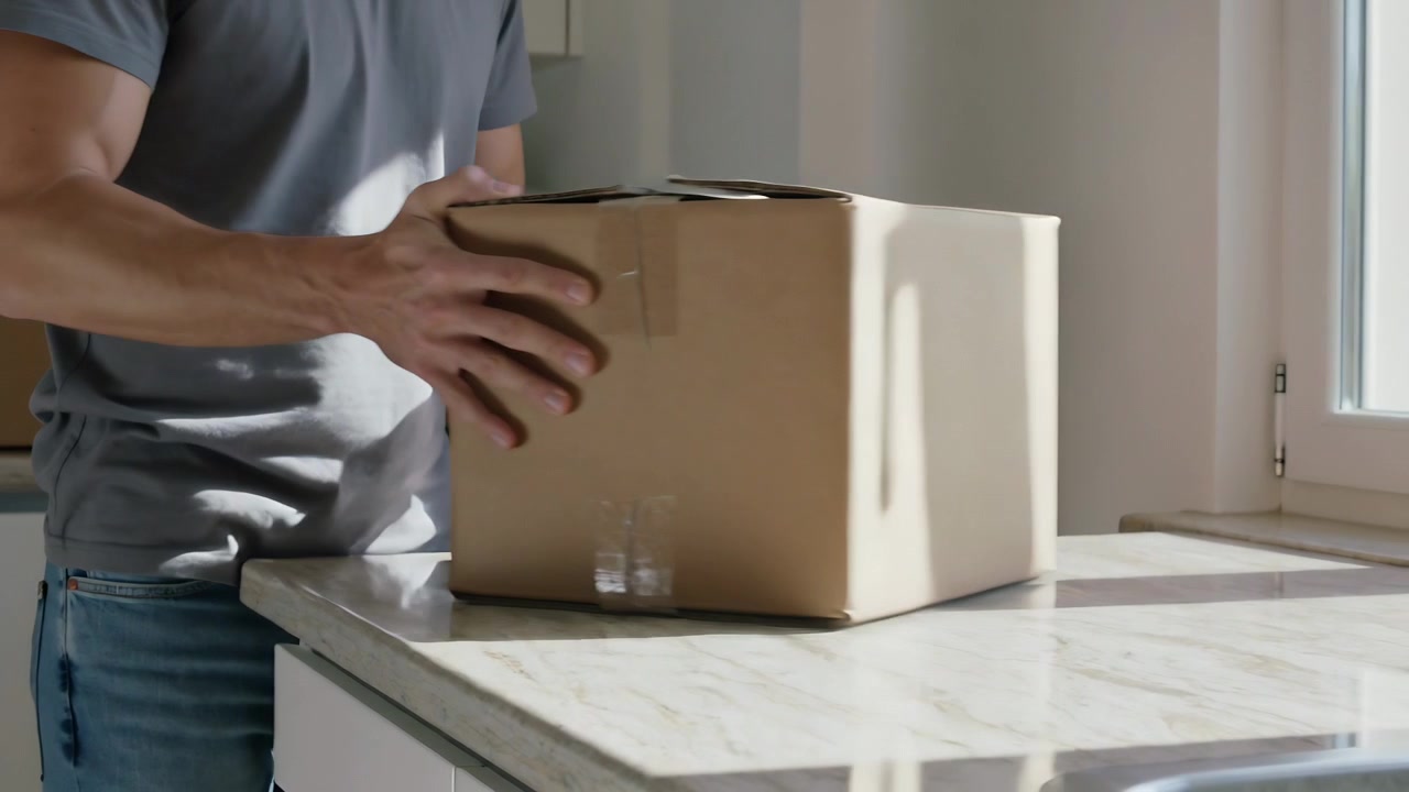 Hombre con camiseta gris y vaqueros deslizando una caja de cartón sobre la encimera de la cocina después de la entrega.