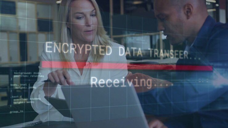 Woman tapping tablet man typing laptop on sofa starting encrypted overlay moving bar for tech sync