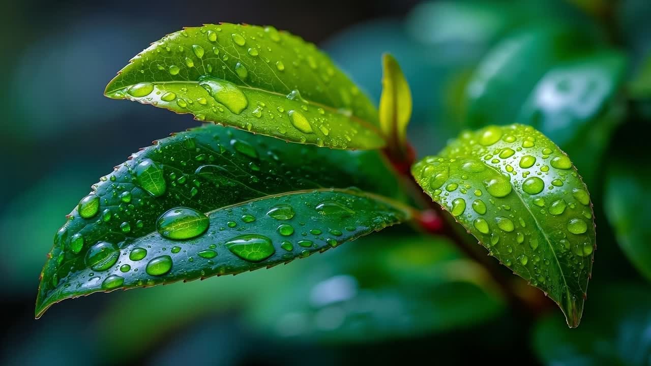 una hoja verde con gotas de agua en ella