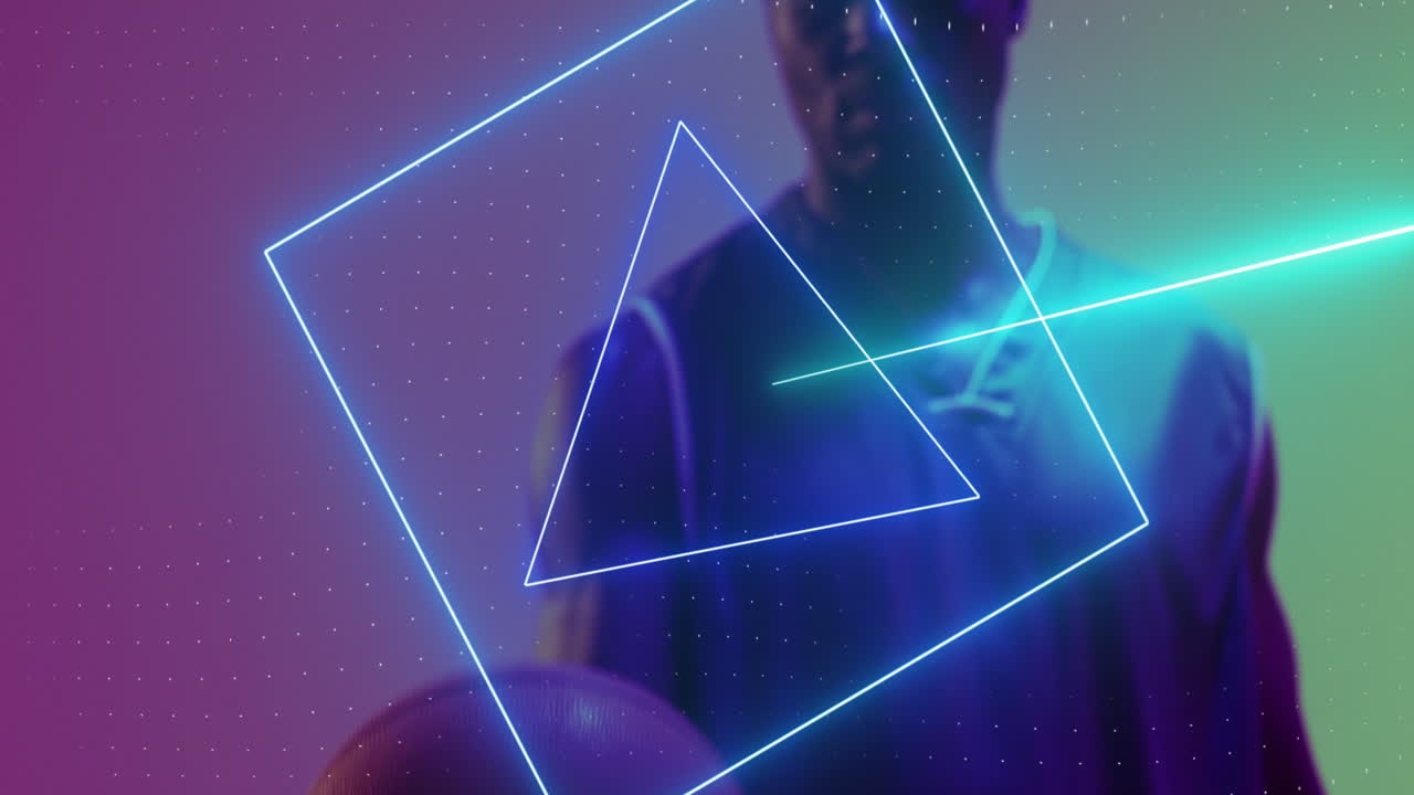 animación de formas y rastros de luz sobre el jugador de baloncesto sobre fondo de neón