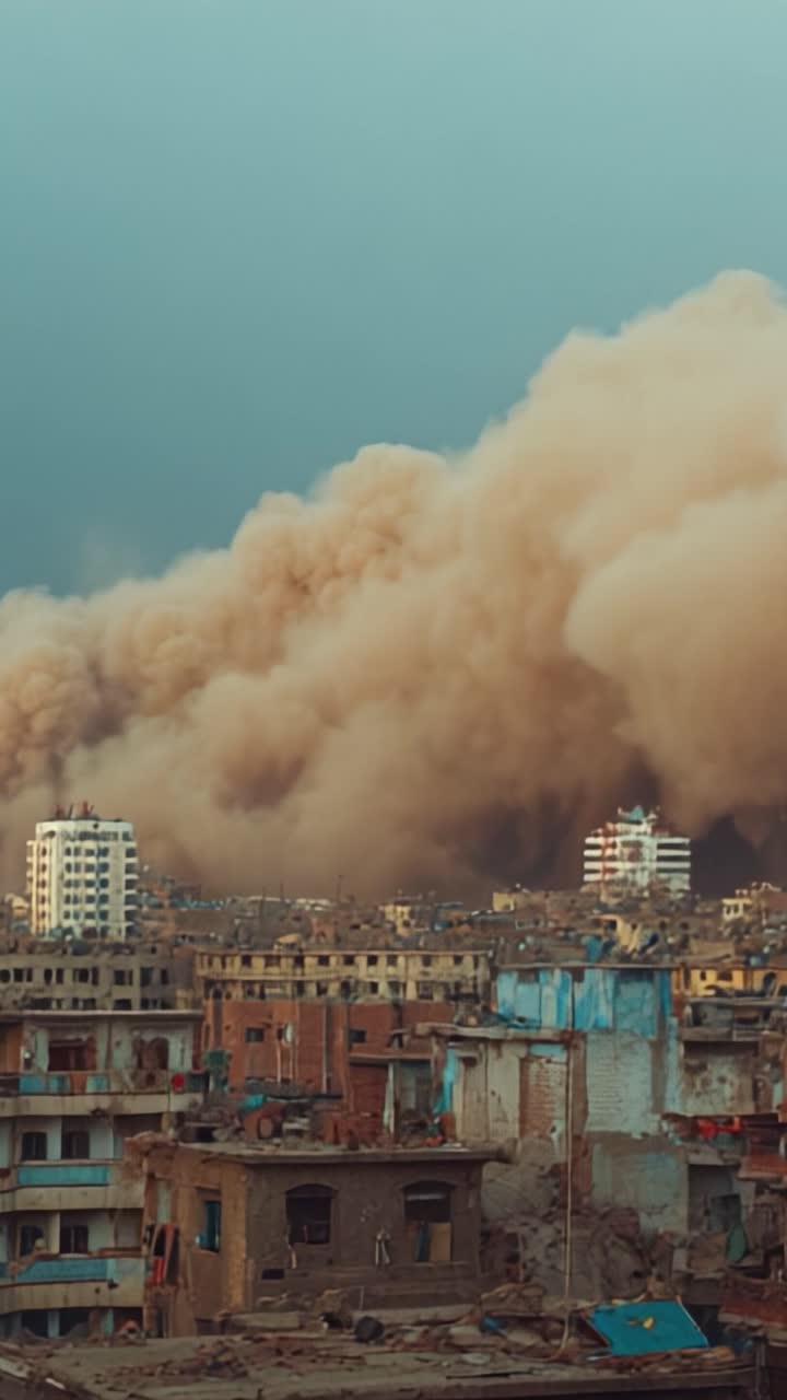 Una Drammatica Trasformazione del Paesaggio Urbano: Mentre un'Enorme Tempesta di Polvere Inghiottisce il Paesaggio Cittadino, gli Edifici Rimangono Resilienti tra i Caotici Cambiamenti Meteorologici