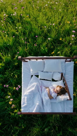 young girl peacefully sleeping outdoors in a bed amidst nature