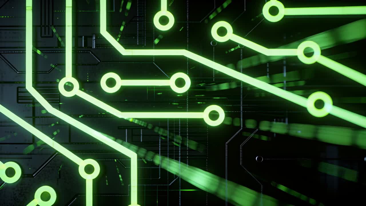 Pulsing neon-green circuit traces sending light beams from lower-right in studio, visualizing flow