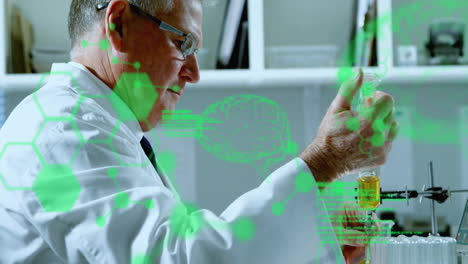 animación de la fórmula química y el procesamiento de datos sobre el científico caucásico haciendo un experimento