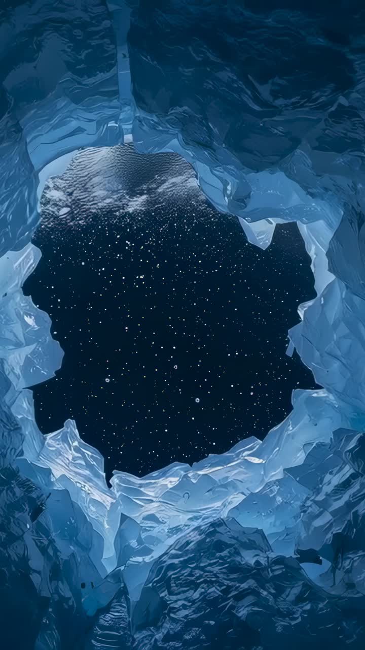 Vertical video: Tilting camera showing jagged blue ice rim, revealing frozen shelf and tiny flakes