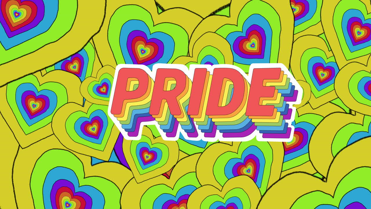 animación de texto de orgullo y corazones arco iris