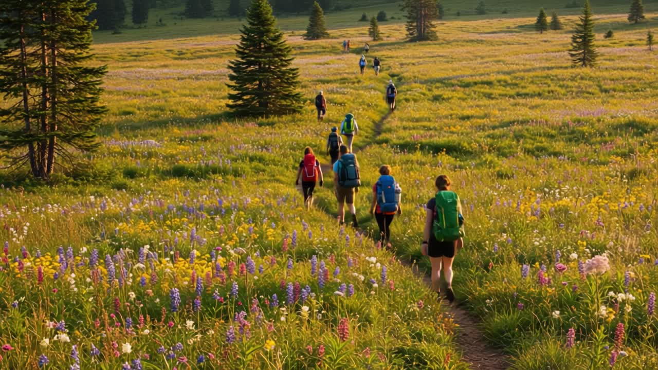 A Group of Hikers Adventuring Through a Vibrant Flower-Laden Meadow, Capturing the Essence of Nature's Beauty and the Thrill of Exploration at Dusk