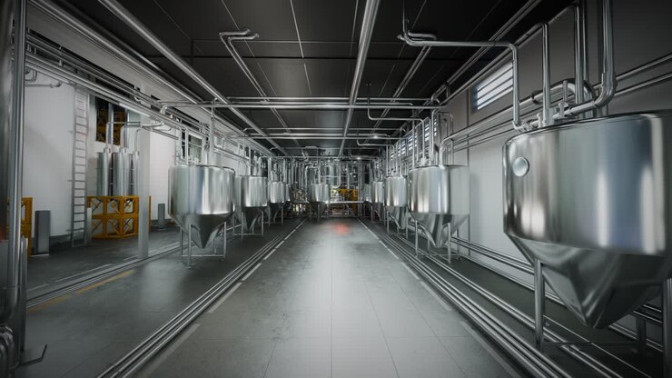 Large Steel Fermentation Tanks In Spacious Hall At Modern Alcohol Production Factory