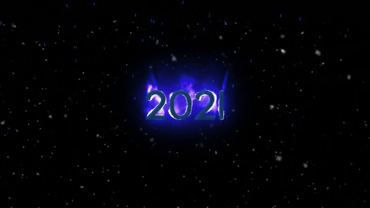 animación del número de llamas púrpura 2021, con nieve cayendo, sobre fondo negro