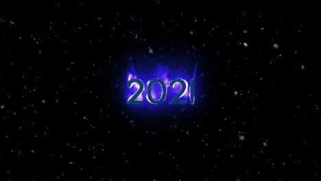 animación del número de llamas púrpura 2021, con nieve cayendo, sobre fondo negro