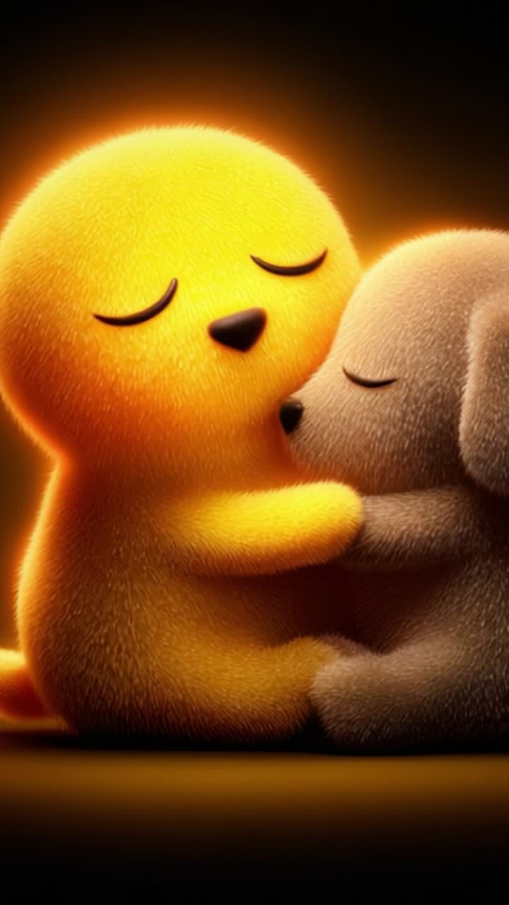 Una Scena Commovente di due Adorabili Personaggi Animati Soffici che si Abbracciano in una Luce Soffusa e Luminosa, Irradiando Calore e Amicizia nel Loro Momento Tenero.