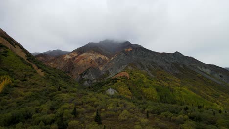 Colorful-mountain-with-a-cloud-cap-surrounded-by-pine-trees-and-green-bush-in-Alaska