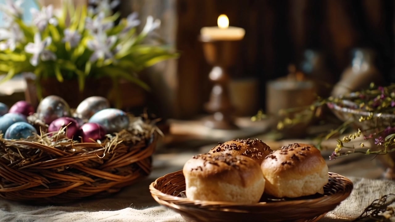 Traditional Easter Table with Colorful Eggs and Sweet Buns
