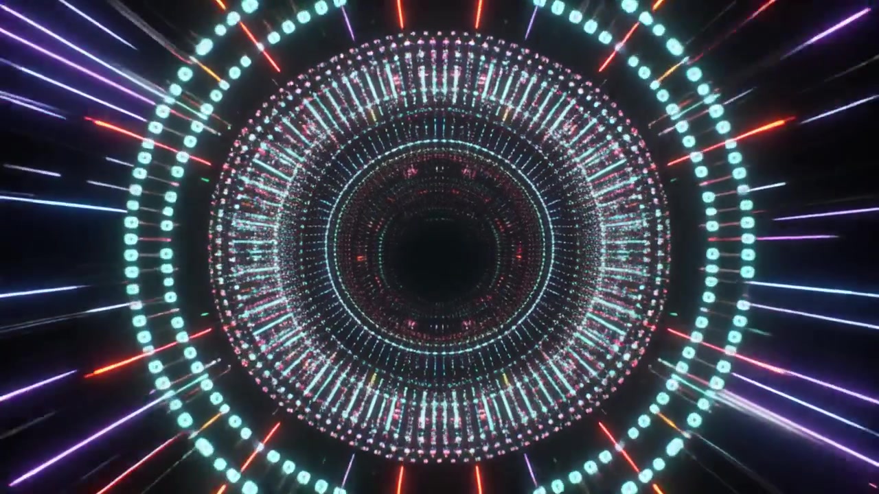 Tunnel digitale astratto con anelli e simboli al neon luminosi