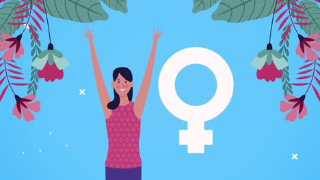 feliz tarjeta de día de la mujer con la chica celebrando y el símbolo de género femenino