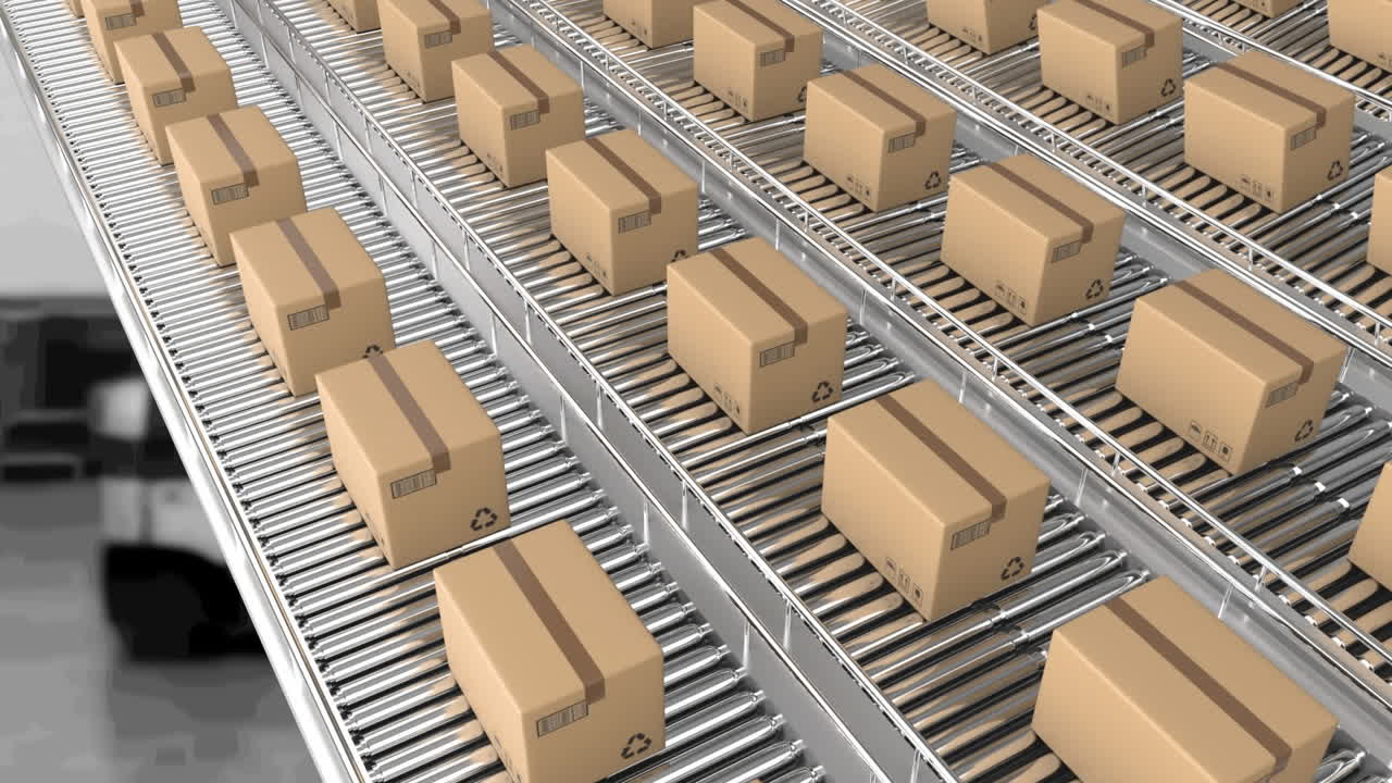창고 위에서 컨베이어 벨트에 움직이는 카드보드 상자의 애니메이션