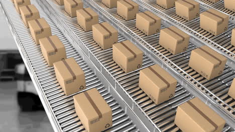 animación de cajas de cartón que se mueven en cintas transportadoras sobre el almacén