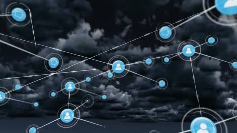 Animation-of-network-of-connections-with-icons-over-clouds-on-sky