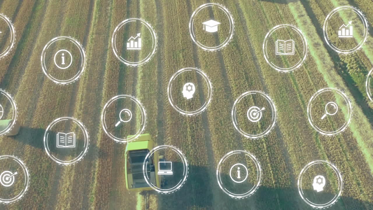 Yellow combine harvester moving over parallel harvested rows, overlaying data icons in flat design