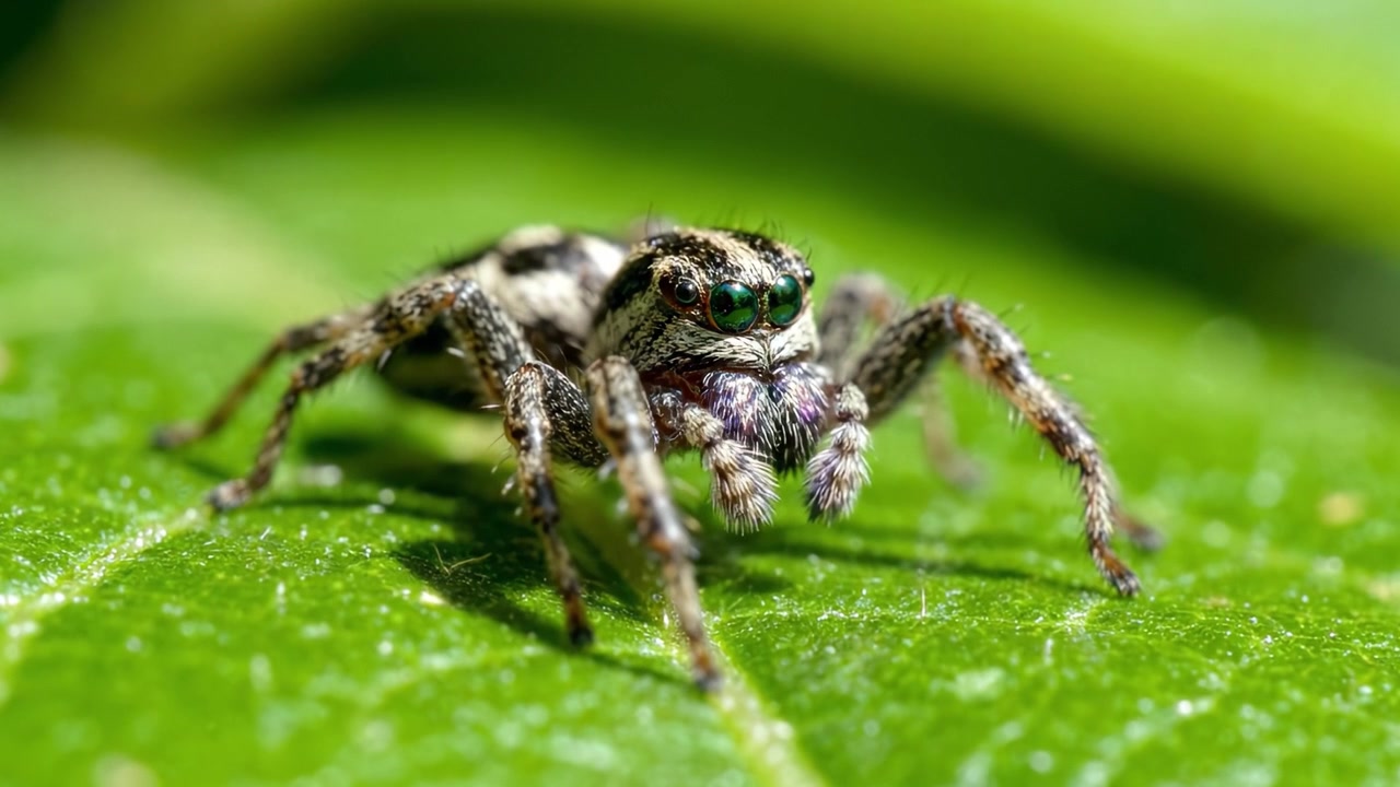Nahaufnahme einer Springspinne auf einem Blatt, die ihre bemerkenswerten Details und lebhaften Augen zeigt, in einer natürlichen Umgebung aufgenommen, um ihre einzigartigen Merkmale hervorzuheben.