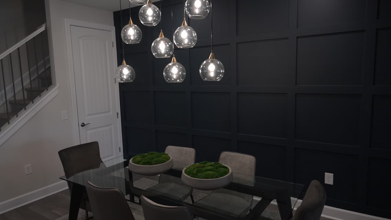 modern lighting and paneled textured black wall in a ultra modern sleek designer dining room