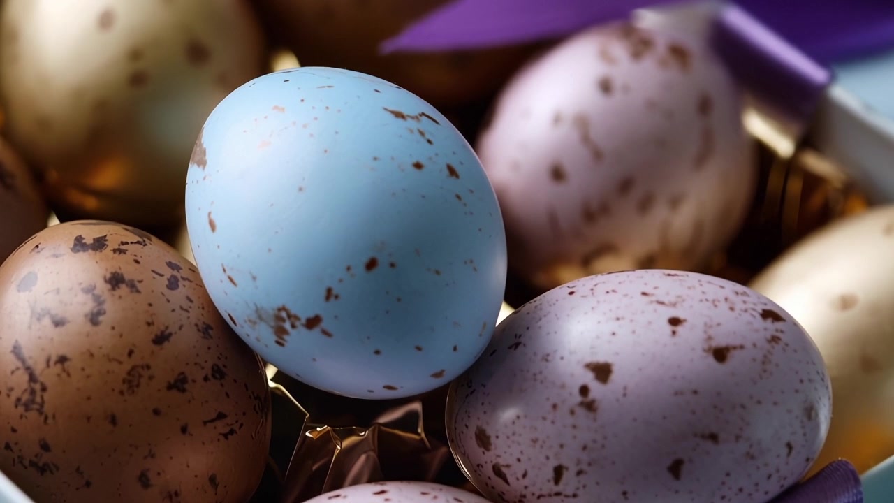 Colorful Speckled Easter Eggs in a Gift Box with Purple Ribbon