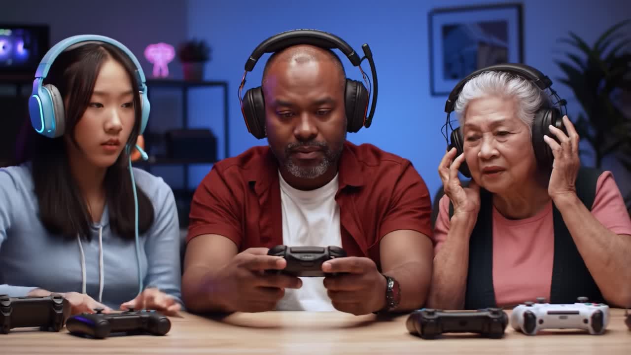 A Multigenerational Gaming Experience: Engaging Gameplay with Family Across Different Ages, Showcasing Fun and Camaraderie in a Vibrant Setting