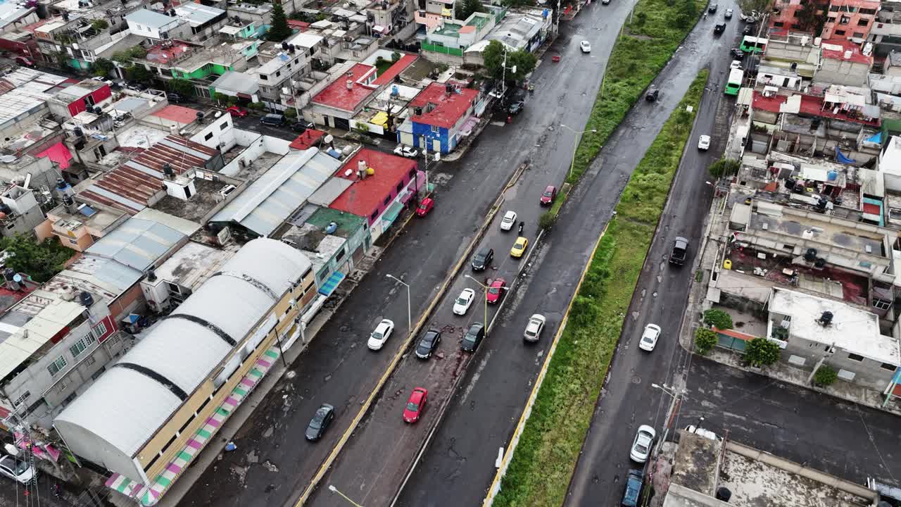 Drone footage in slow motion of damaged roads in Ecatepec during rainy days