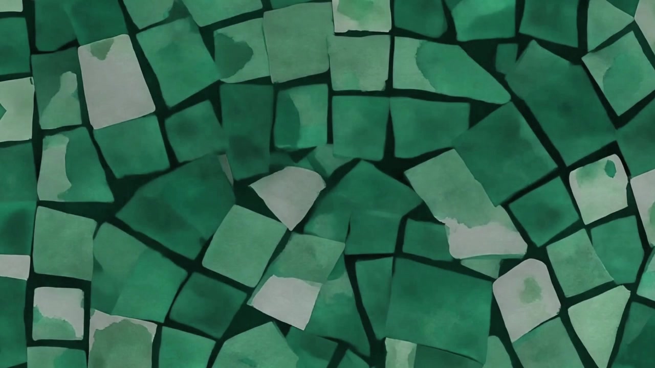 Abstract Green Watercolor Mosaic Tiles Dispersing into Black Background