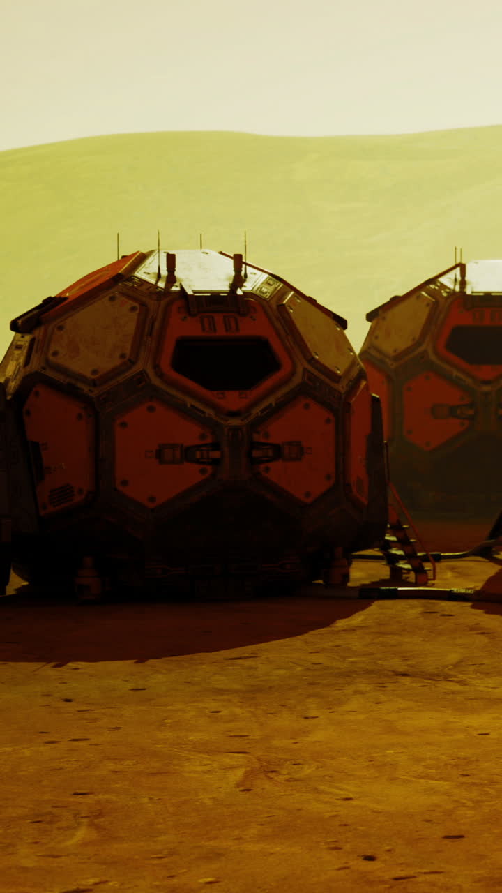 Unique martian habitat under a golden sky during sunset exploration