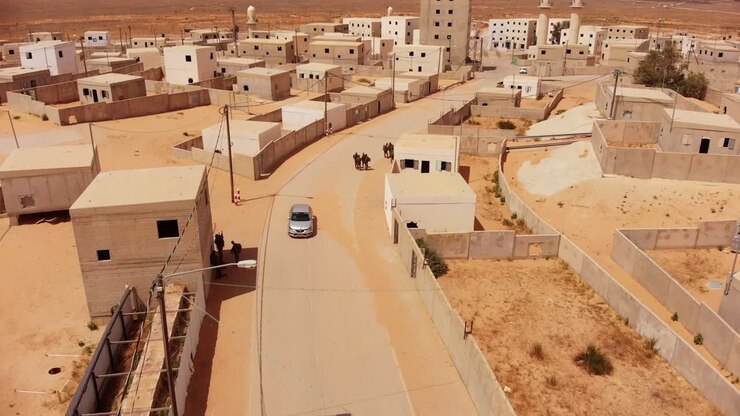 ripresa aerea in rapido movimento di strada vuota con auto che guida accanto ad alcuni soldati nella città vuota araba palestinese vicino a gaza