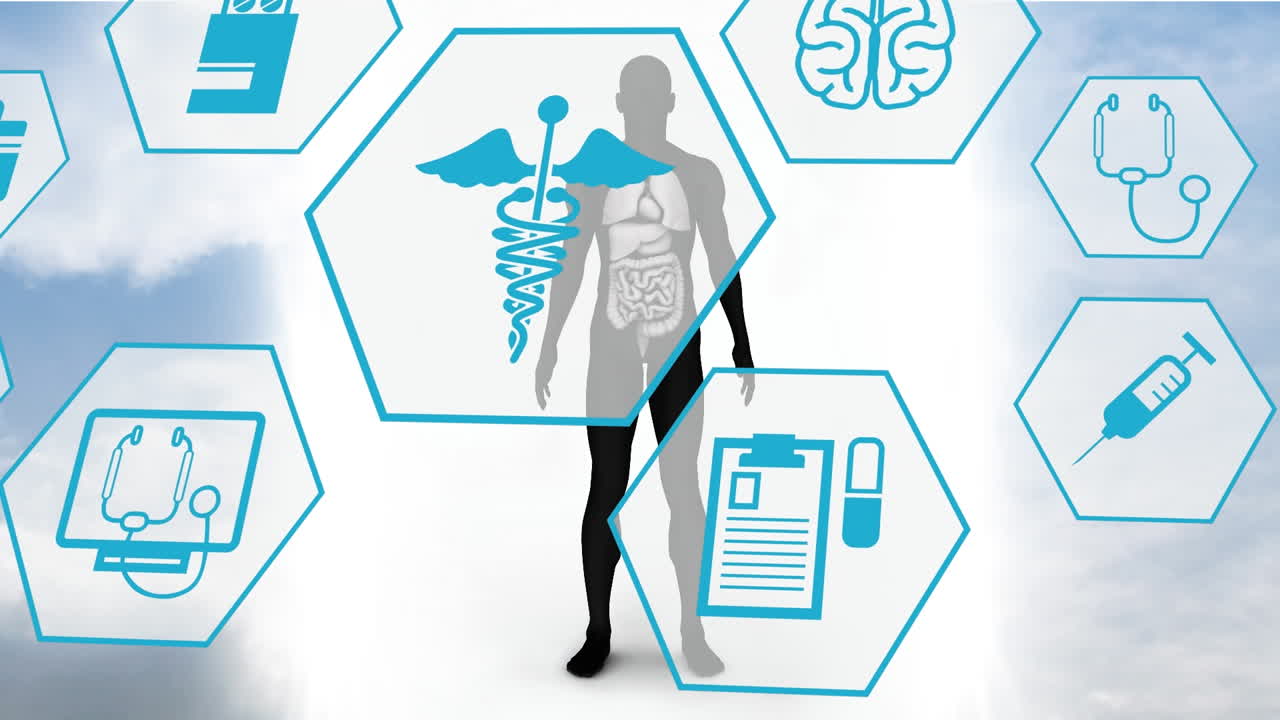 animación de iconos médicos sobre el modelo del cuerpo humano