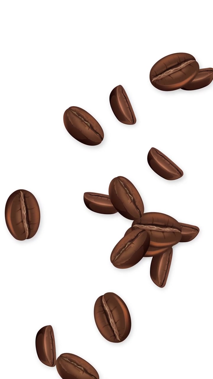 Chicchi di caffè tostati cadono e rimbalzano in un loop verticale su uno sfondo bianco semplice