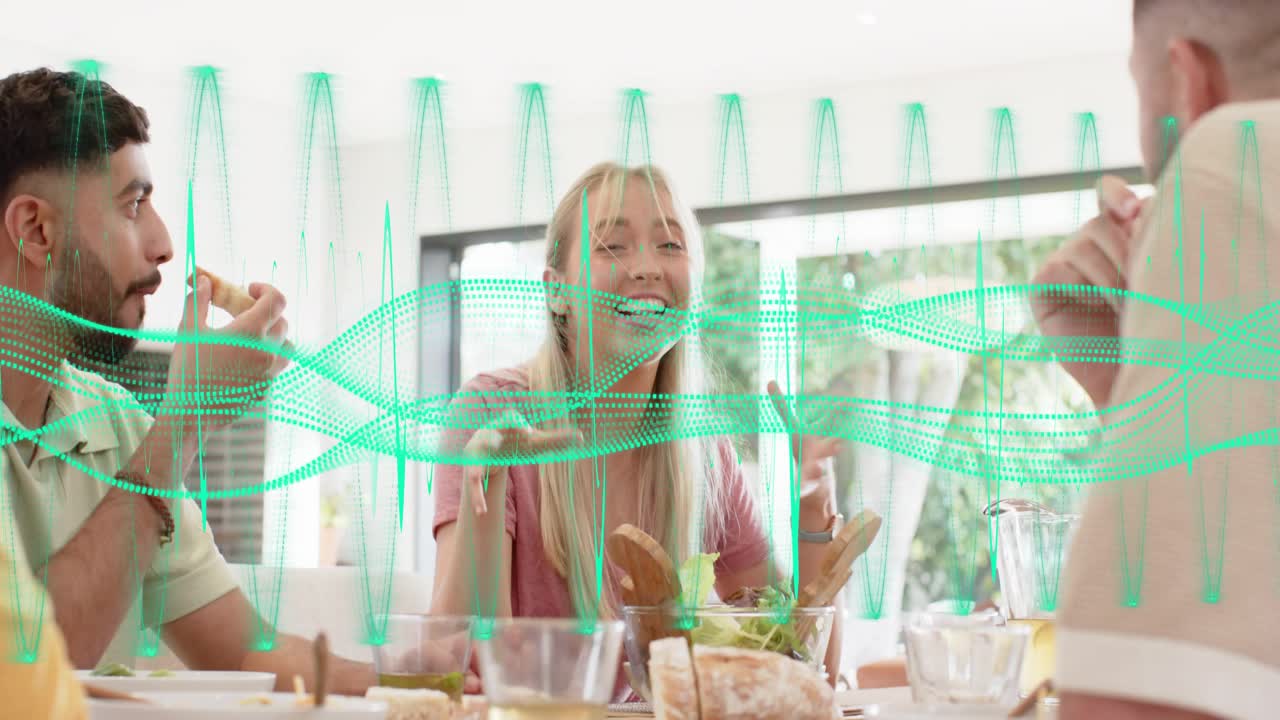 Left diner reaching across, lead woman receiving, speaking while sharing food, teal waveform across