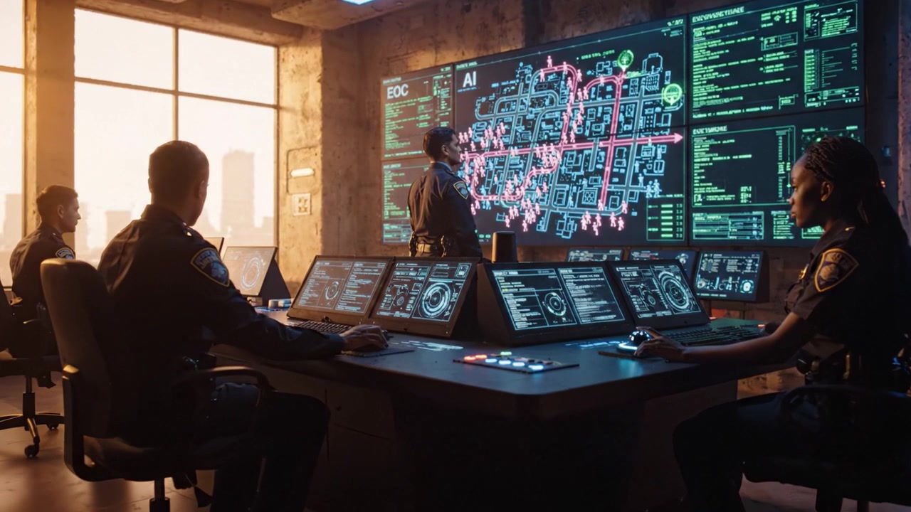 Teams Collaborate in a High-Tech Control Room, Analyzing Digital Maps with Advanced Technology and Equipment for Effective Decision-Making and Crisis Management