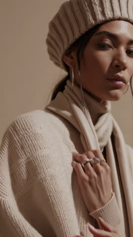 hands adorned with rings in cozy knitwear