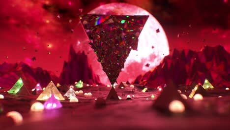 la pirámide de vidrio se rompe y gira sobre la superficie del planeta. luna. animación en 3d de un bucle sin costuras