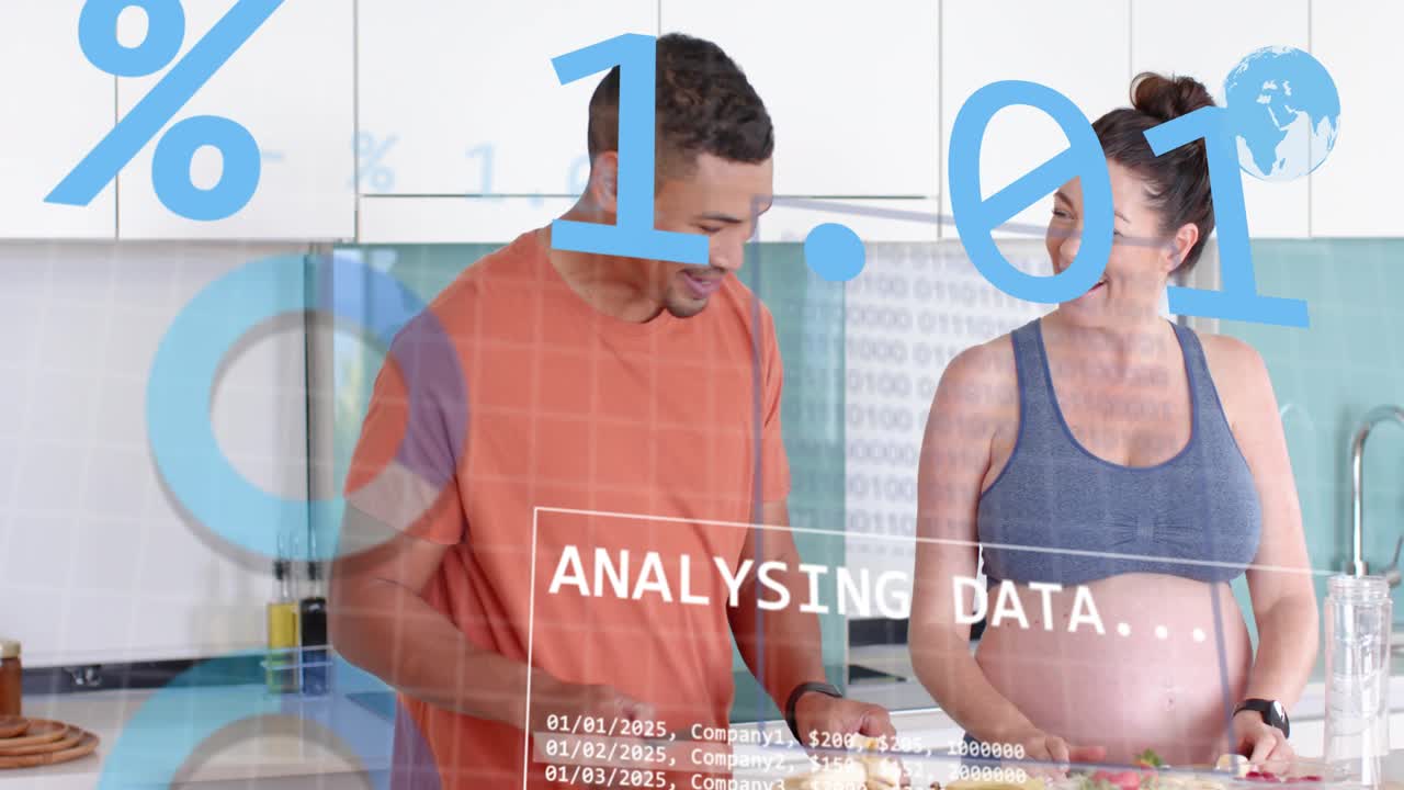 Couple cutting and peeling fruit in kitchen, charts overlay appearing and monitoring nutrition