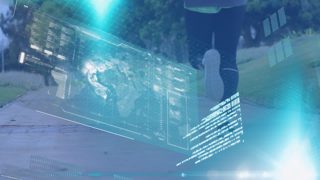 animación de la interfaz y procesamiento de datos sobre un atleta masculino con una pierna protésica corriendo al aire libre