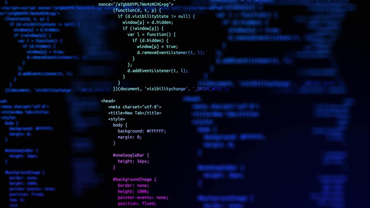 Blocks of abstract program code are written and moved in the virtual space animation blue code data